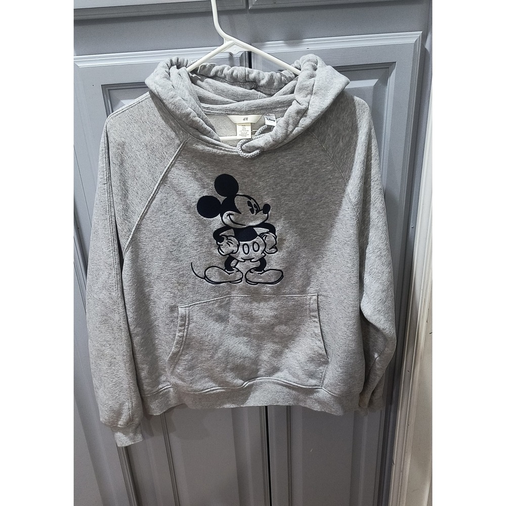 H&M Disney Mickey Mouse Hoodie Gray Raglan Sweatshirt Large Embroidered pockets